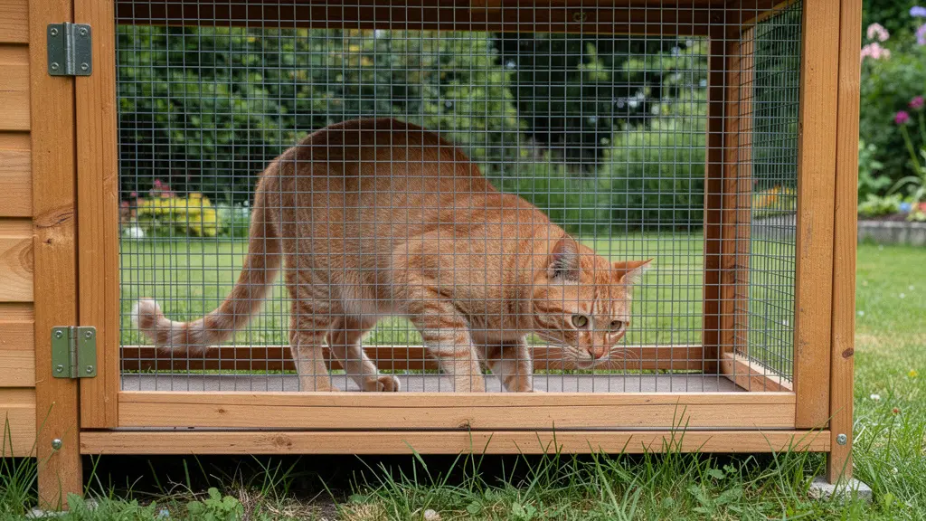 Chat explorant un catio en bois grillagé installé dans jardin résidentiel