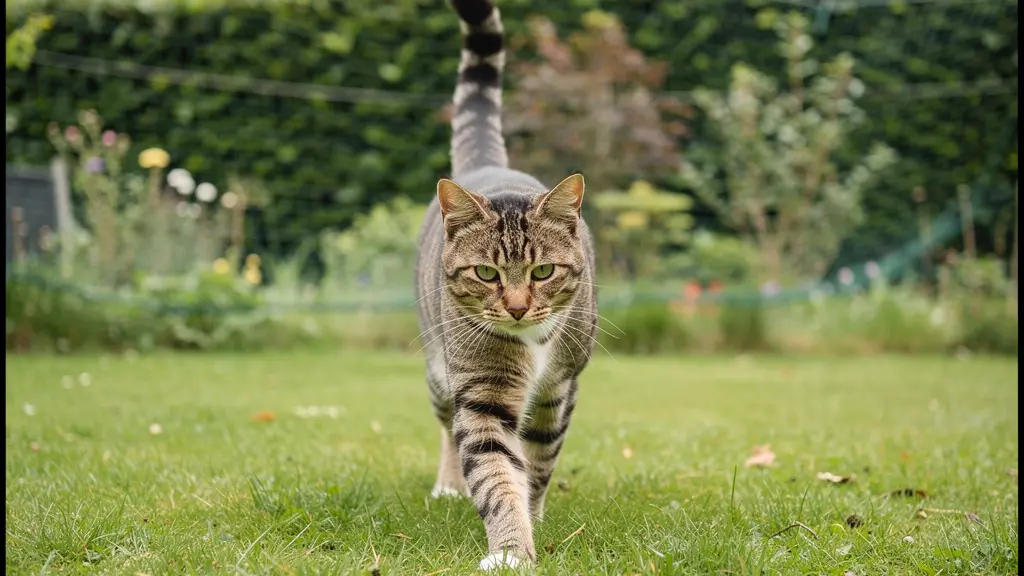 Chat européen tigré explorant jardin sécurisé avec filet de protection visible en arrière-plan