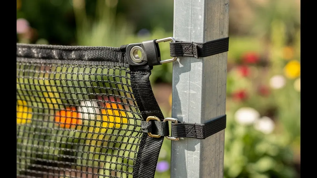 Détail technique système de fixation filet anti-fugue chat sur poteau clôture