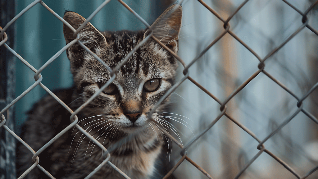 Détail technique système de fixation filet anti-fugue chat sur poteau clôture
