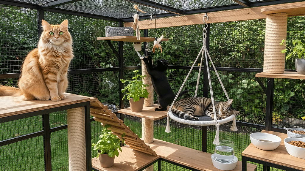 Chat explorant un catio en bois grillagé installé dans jardin résidentiel