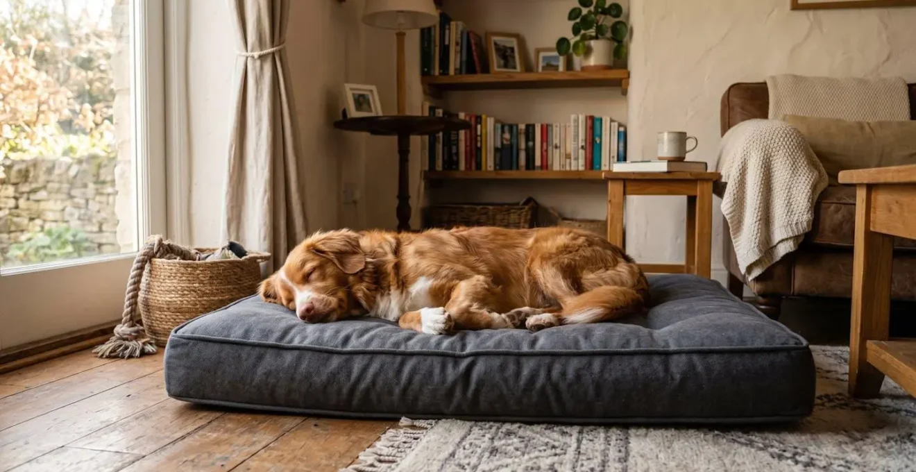 Chien de taille moyenne allongé sur un matelas épais dans un salon lumineux, position détendue