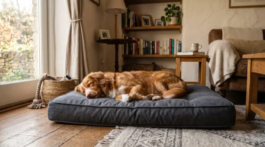 Chien de taille moyenne allongé sur un matelas épais dans un salon lumineux, position détendue