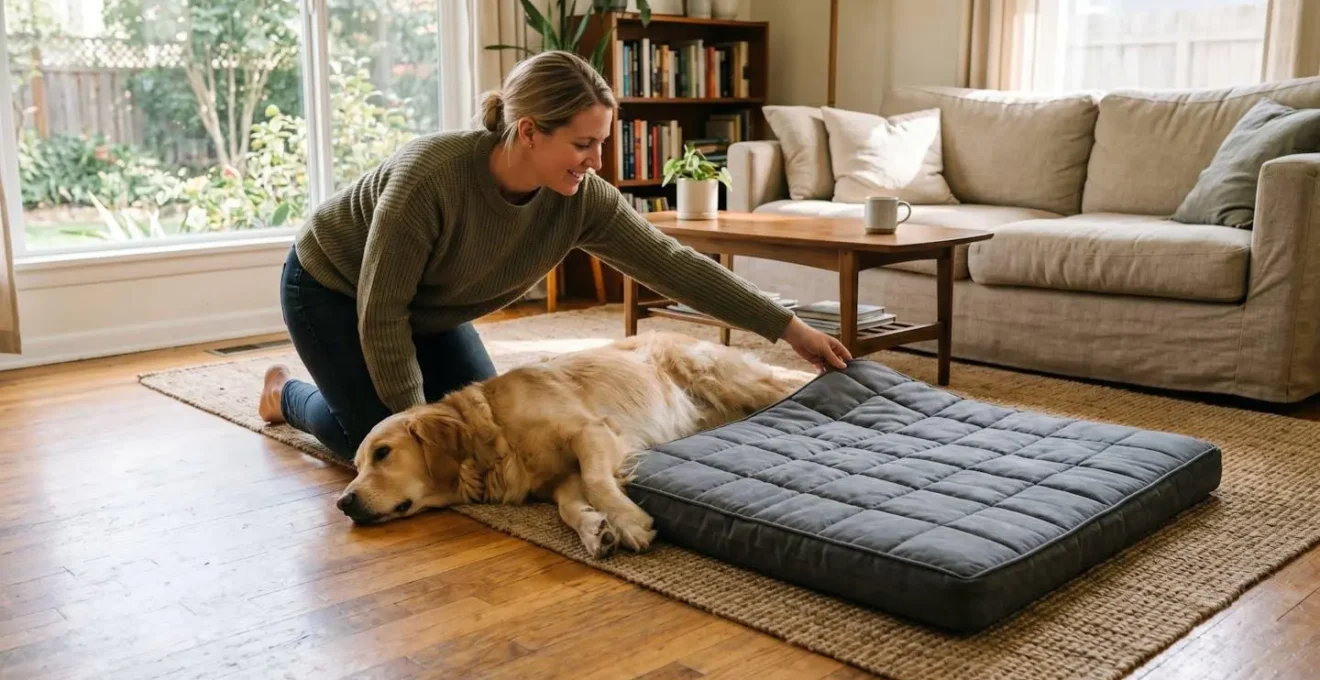 Propriétaire vérifiant la taille d'un matelas chien à côté d'un golden retriever allongé sur le sol