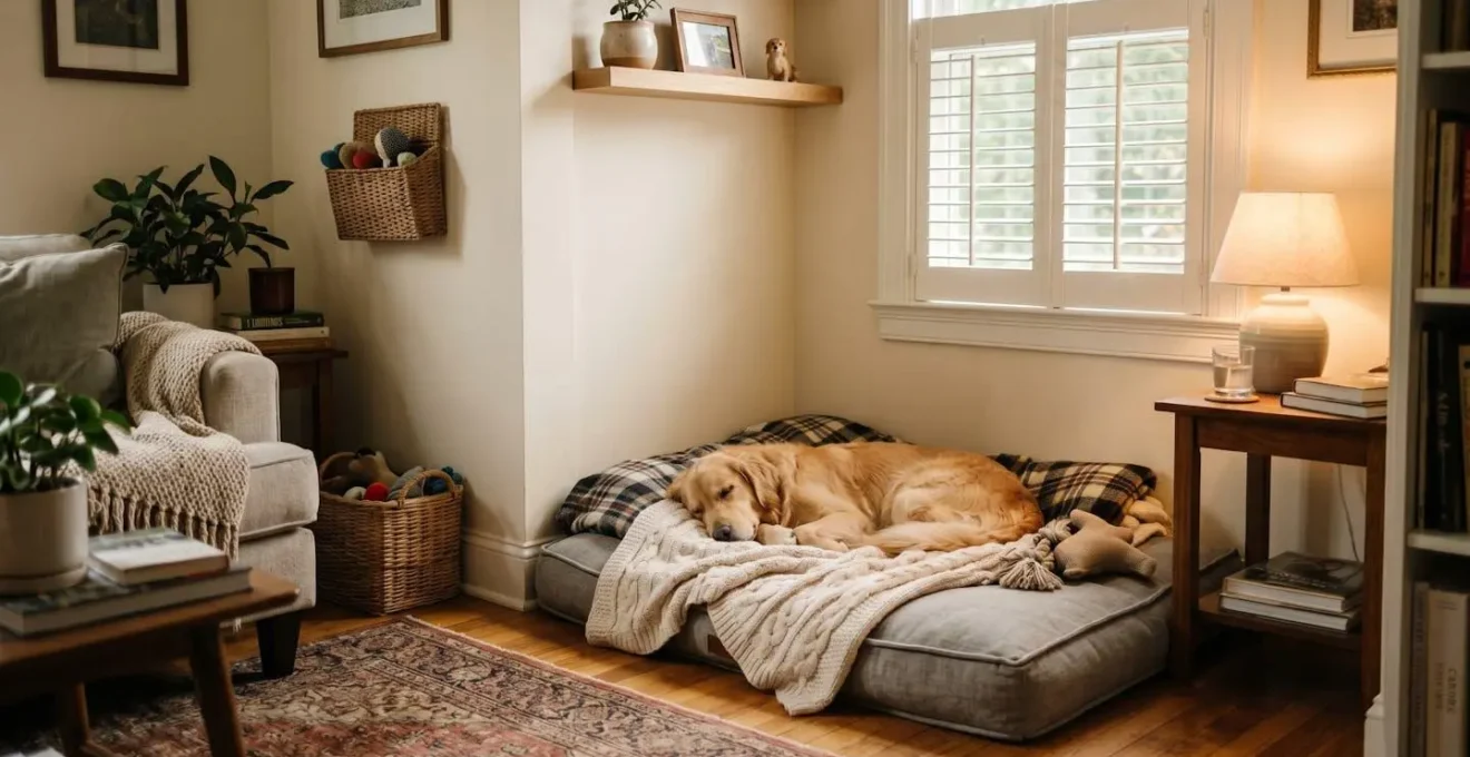 Coin repos aménagé pour un chien dans l'angle calme d'un salon, matelas épais avec couverture, lumière douce